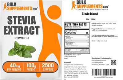 Photo of the BulkSupplements.com Stevia Extract Powder 40 mg label