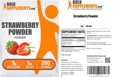 Photo of the BulkSupplements.com Strawberry Powder 5 g label
