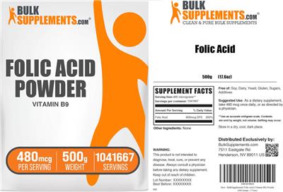 Photo of the BulkSupplements.com Folic Acid Powder 480 mcg label