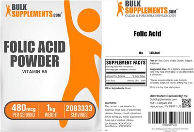 Photo of the BulkSupplements.com Folic Acid Powder 480 mcg label