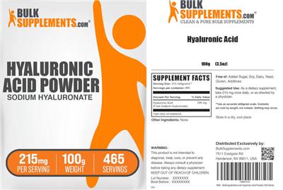 Photo of the BulkSupplements.com Hyaluronic Acid Powder 215 mg label