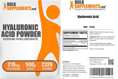 Photo of the BulkSupplements.com Hyaluronic Acid Powder 215 mg label