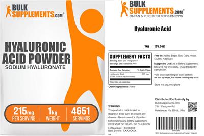Photo of the BulkSupplements.com Hyaluronic Acid Powder 215 mg label