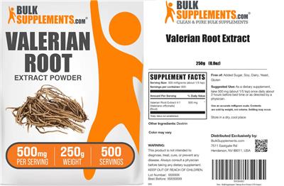 Photo of the BulkSupplements.com Valerian Root Extract Powder 500 mg label
