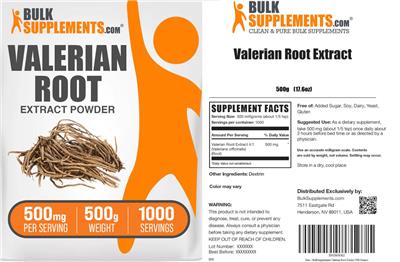 Photo of the BulkSupplements.com Valerian Root Extract Powder 500 mg label