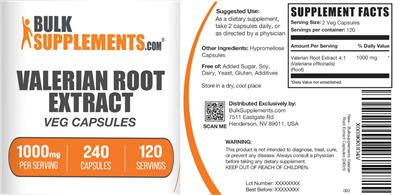 Photo of the BulkSupplements.com Valerian Root Extract 1000 mg Veg Capsules label