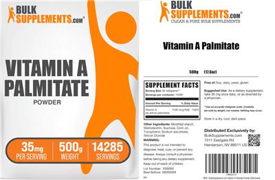 Photo of the BulkSupplements.com Vitamin A Palmitate Powder 35 mg label