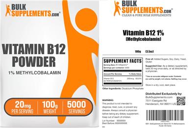 Photo of the BulkSupplements.com Vitamin B12 1% Methylcobalamin Powder 20 mg label