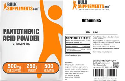 Photo of the BulkSupplements.com Pantothenic Acid Vitamin B5 Powder 500 mg label