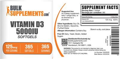 Photo of the BulkSupplements.com Vitamin D3 5000 IU Softgels 125 mcg label