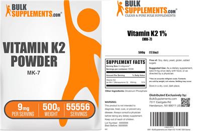 Photo of the BulkSupplements.com Vitamin K2 Powder 9 mg label