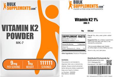 Photo of the BulkSupplements.com Vitamin K2 Powder 9 mg label