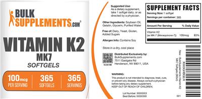 Photo of the BulkSupplements.com Vitamin K2 MK7 Softgels 100 mcg label