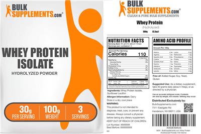 Photo of the BulkSupplements.com Whey Protein Isolate 30 g label