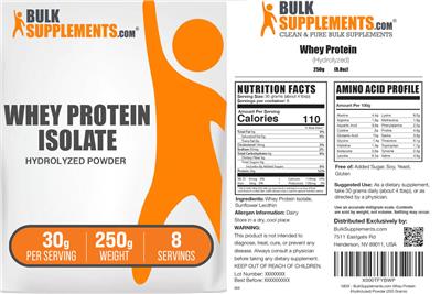 Photo of the BulkSupplements.com Whey Protein Isolate Hydrolyzed Powder 30 g label