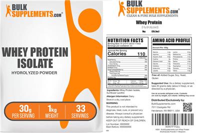 Photo of the BulkSupplements.com Whey Protein Isolate Hydrolyzed Powder 30 mg label