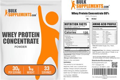 Photo of the BulkSupplements.com Whey Protein Concentrate Powder 30 g label