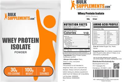 Photo of the BulkSupplements.com Whey Protein Isolate Powder 30 g label