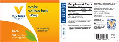 Photo of the The Vitamin Shoppe White Willow Bark 400 mg label