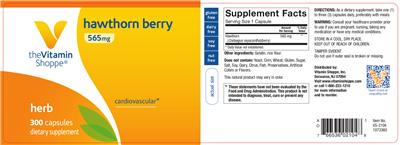 Photo of the The Vitamin Shoppe Hawthorn Berry 565 mg label