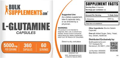 Photo of the BulkSupplements.com L-Glutamine Capsules 5000 mg label