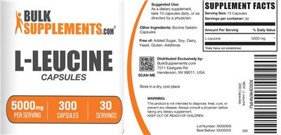 Photo of the BulkSupplements.com L-Leucine 5000 mg Capsules label