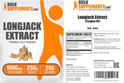 Photo of the BulkSupplements.com Longjack Extract Tongkat Ali Powder 1000 mg label