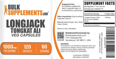 Photo of the BulkSupplements.com Longjack Tongkat Ali Veg Capsules 1000 mg label