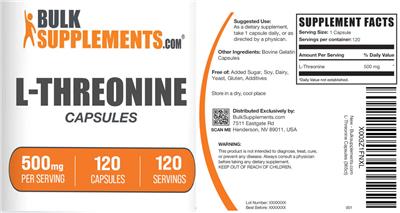 Photo of the BulkSupplements.com L-Threonine 500 mg Capsules label