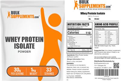 Photo of the BulkSupplements.com Whey Protein Isolate Powder 30 g label