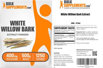 Photo of the BulkSupplements.com White Willow Bark Extract Powder 400 mg label