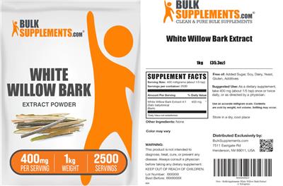 Photo of the BulkSupplements.com White Willow Bark Extract Powder 400 mg label