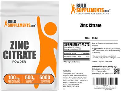Photo of the BulkSupplements.com Zinc Citrate Powder 100 mg label