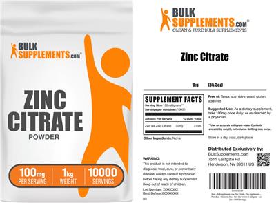 Photo of the BulkSupplements.com Zinc Citrate Powder 100 mg label