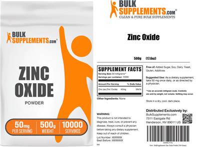 Photo of the BulkSupplements.com Zinc Oxide Powder 50 mg label