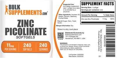 Photo of the BulkSupplements.com Zinc Picolinate Softgels 11 mg label