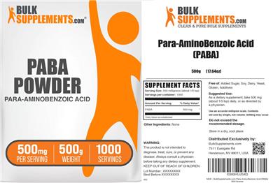 Photo of the BulkSupplements.com PABA Powder 500 mg label