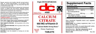 Photo of the DC Calcium Citrate 950 mg label