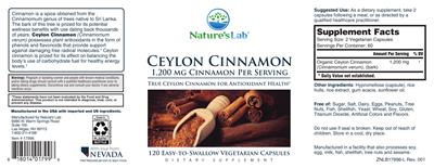 Photo of the Nature's Lab Ceylon Cinnamon 1,200 mg label