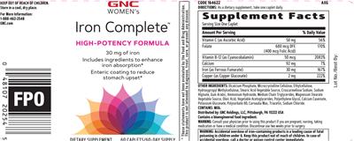Photo of the GNC Women's Iron Complete label