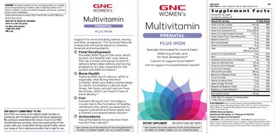 Photo of the GNC Women's Multivitamin Prenatal Plus Iron label