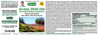 Product label for Algal DHA 250