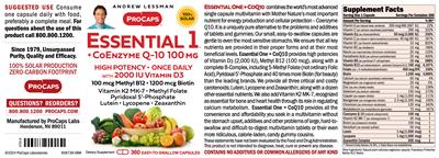 Photo of the ProCaps Essential 1 + CoEnzyme Q-10 100 mg label