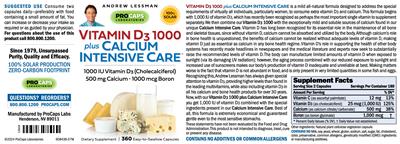 Photo of the ProCaps Laboratories Vitamin D3 1000 plus Calcium Intensive Care label