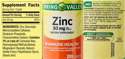 Photo of the Spring Valley Zinc 50 mg label