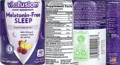 Photo of the vitafusion Melatonin-Free Sleep Tart Cherry Peach Flavor label