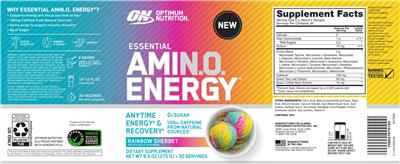 Photo of the ON Optimum Nutrition Essential AMIN.O Energy Rainbow Sherbet label