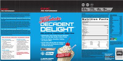 Photo of the GNC Pro Performance Decadent Delight Vanilla Milkshake label