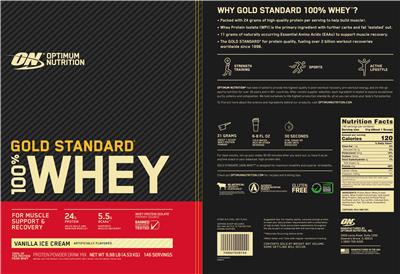 Photo of the ON Optimum Nutrition Gold Standard 100% Whey Vanilla Ice Cream label