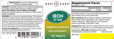 Photo of the Geri-Care Iron 27 mg label